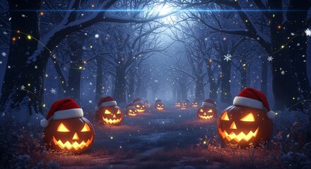 Glowing Halloween pumpkins wearing Santa hats lined up in a snowy forest under moonlight.