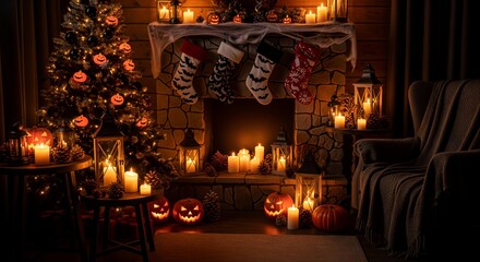 Cozy living room decorated with Halloween pumpkins, candles, and Christmas stockings by the fireplace