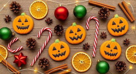 Top view of festive Christmas and Halloween decoration mix with pumpkin cookies, candy canes, pine cones, and ornaments on wooden background
