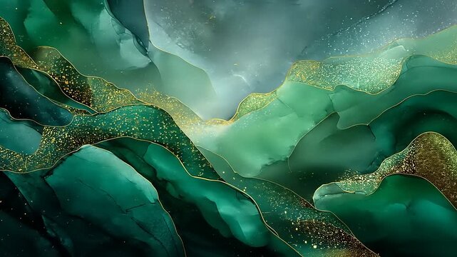 Abstract waves of teal and emerald green with golden accents, evoking tranquility and depth