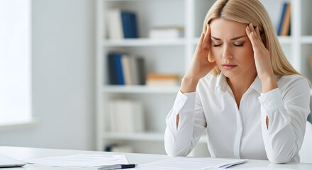 Overworked Professional Woman Suffering from Intense Headaches in Office Setting, Portrait of Stressed Businesswoman with Migraine, Frustrated Woman, Burnout, Depression