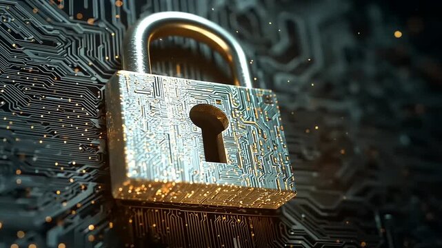 Digital padlock symbolizing cybersecurity protection on a circuit board background with glowing particles - Powered by Adobe