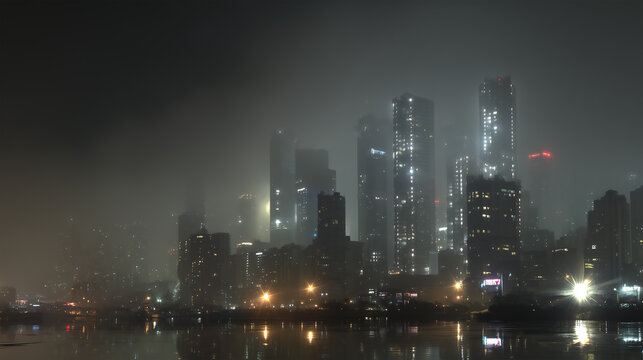 Nighttime urban skyline panorama, glimmering skyscraper lights, atmospheric fog.