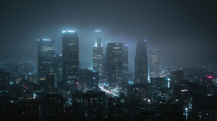 Fototapeta premium Nighttime urban skyline panorama, glimmering skyscraper lights, atmospheric fog.