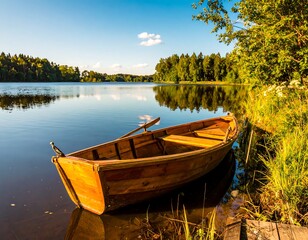 Fototapeta premium Tranquil lake scene with wooden boat