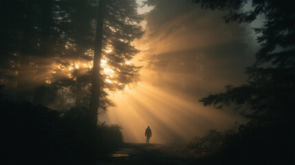 Silhouette of lone figure walking through foggy forest at dawn, beams of light breaking through trees.