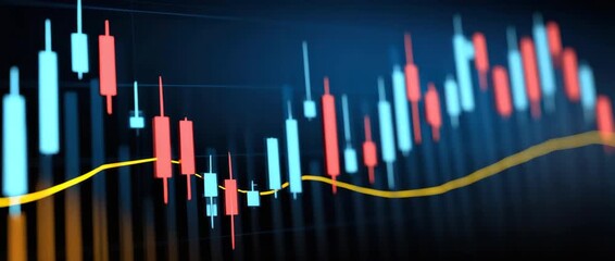 Financial chart displaying red and blue candlestick bars with yellow trend line illustrating market fluctuations and trading activity digital interface showing detailed financial data analysis - Powered by Adobe