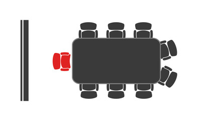 Top view of a conference room table with 8 chairs and one red chair at the head of the table,open for leader opportunity