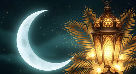 Ramadan Crescent Lantern A Radiant Glow Illuminating the Night Sky Celebrating Islamic Traditions Festive Occasions Moonlit Nights Spiritual Ambiance Serene Landscape