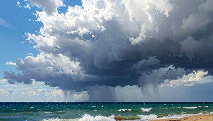 Dramatic Beach Scene with Dark Storm Clouds and Heavy Rain over the Ocean
