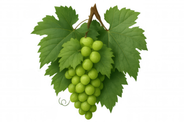 Fresh green grapes on a vine with leaves. Organic fruit representing healthy eating, harvest, and winemaking. Transparent background