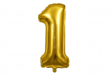 Golden number one foil balloon floating, celebrating a birthday, anniversary, or achievement, transparent background