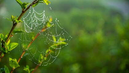 Dewy spider web on green branch in morning light.