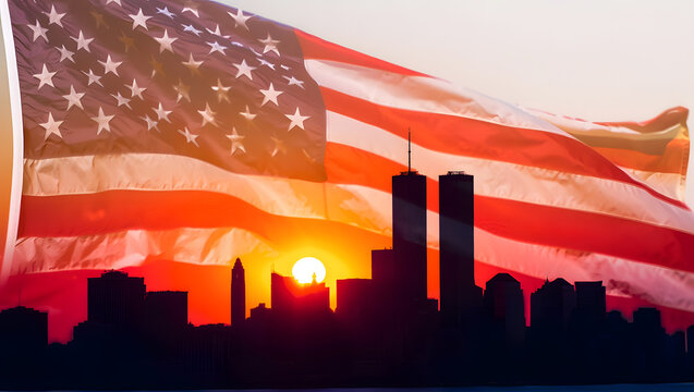 American flag waving in front of the new york city skyline at sunset, remembering the september 11 attacks