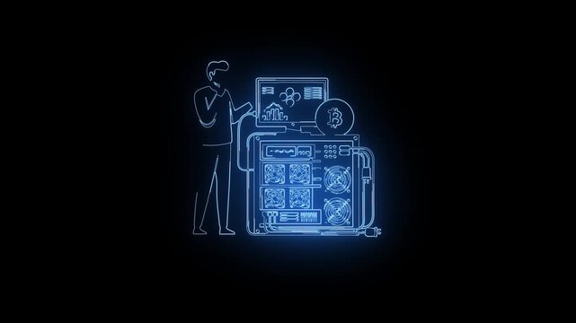 Miner standing and holding machine glowing in blue neon.