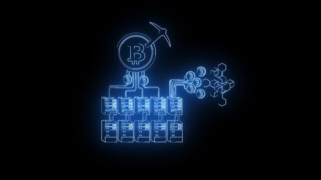 Blockchain mining glowing in radiant blue neon style.