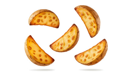 Golden Potato Wedges Floating on White Freshly Baked Food Appetizing Culinary Preparation Delicious Ingredient Comfort Food Dinner Gastronomy Still life  Snacks