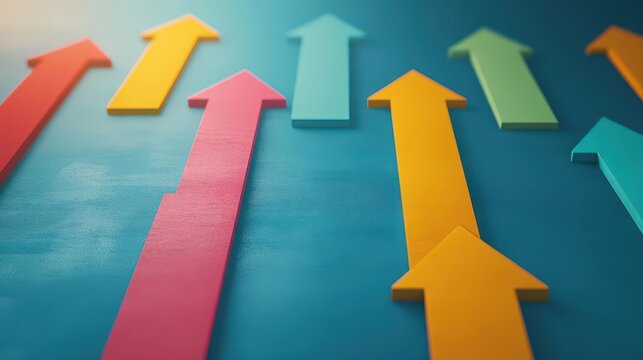 Colorful arrows pointing upward and forward on a vibrant background symbolizing growth progress and direction in success and development