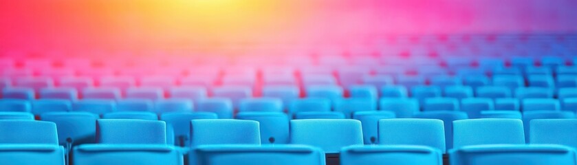 Obraz premium Wide view of an empty colorful torium with vibrant blue seats and warm lighting, suitable for events, concerts, theater performances, and presentations