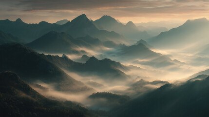 sunrise over mountain peaks, mist rolling through valleys