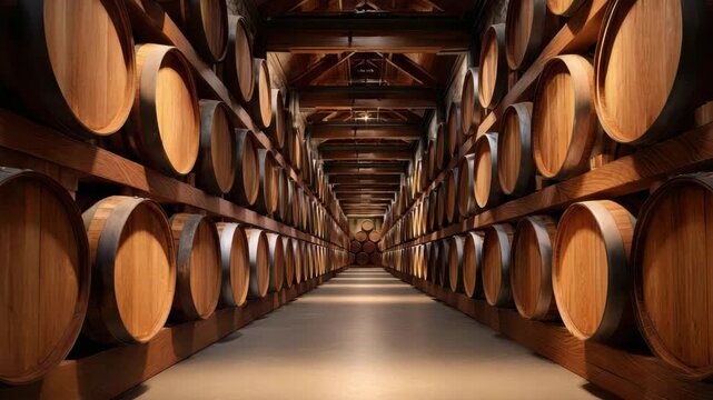 Wooden barrel storage cellar with stacked oak barrels showcasing craftsmanship of wood aging wine and spirit in rustic vintage cellar for traditional beverage fermentation and cozy atmosphere