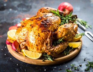 Roasted Thanksgiving turkey on a wooden platter