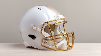 Fototapeta premium Modern Football Helmet with Gold Facemask and White Shell on Minimalist Background