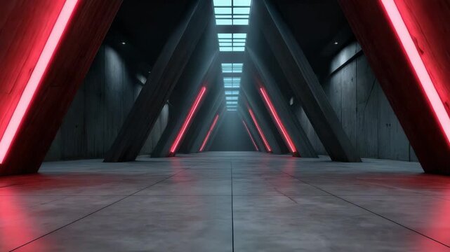 Futuristic corridor featuring triangular concrete beams and pillars illuminated by red neon light, creating mysterious industrial interior with glowing neon skylight and modern atmosphere
