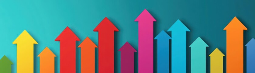 Vibrant row of colorful upward pointing arrows on geometric background representing growth progress success and forward movement in colorful design