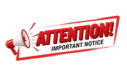 Attention important notice megaphone announcement graphic isolated on transparent background