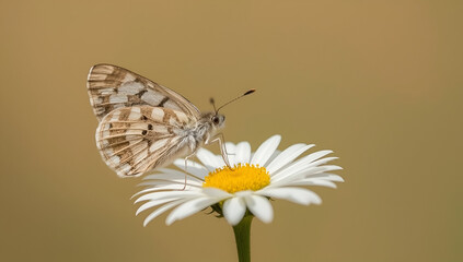Butterfly feeding on daisy nature background macro photography soft focus environment close-up viewpoint lucid realism concept