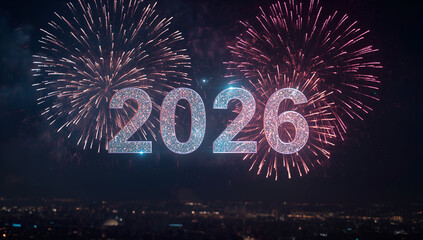 Celebratory fireworks marking 2026 city skyline background nighttime display vibrant atmosphere futuristic concept