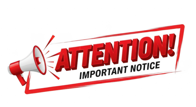Attention important notice megaphone announcement graphic isolated on transparent background