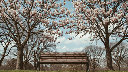 Serene park bench beneath blooming trees tranquil nature scene bright blue background peaceful atmosphere