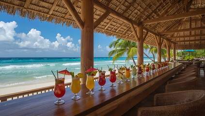 Refreshing cocktails served at a beachside bar with a thatched roof tropical paradise background relaxing atmosphere