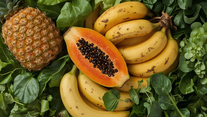 Tropical fruits display kitchen table photography fresh environment close-up view vibrant background