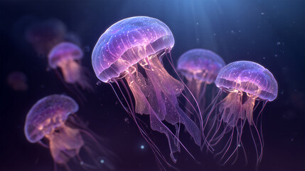Underwater scene with glowing plankton or jellyfish