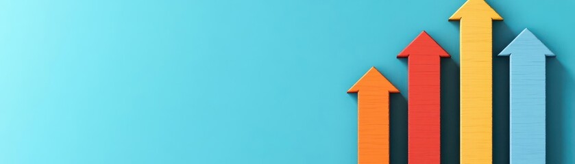 Colorful upward pointing arrows representing growth progress success improvement and achievement in a modern minimalistic design with vibrant hues on blue background