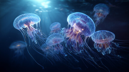 Underwater scene with glowing plankton or jellyfish
