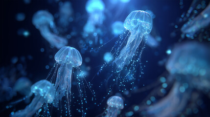 Underwater scene with glowing plankton and jellyfish.