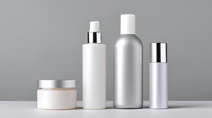 Elegant Arrangement of Skincare Products in Modern Bottles and Jars with Minimalist Background