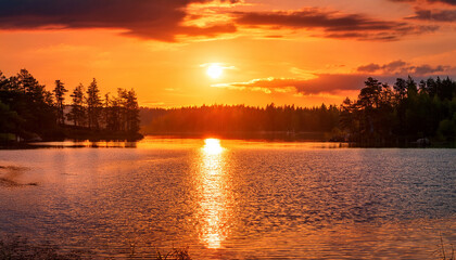 Vibrant Sunset Over A Tranquil Lake
