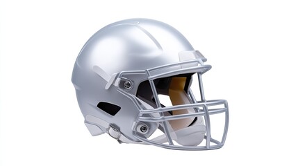 Naklejka premium Silver American Football Helmet with Glossy Finish Isolated on White Background for Sports Equipment and Team Branding Purposes
