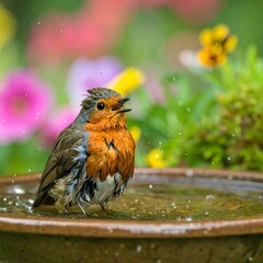 Robin bathing in a garden bird bath