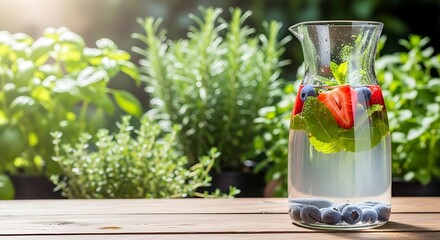 Invigorating fruit infusion in a glass carafe amidst verdant herb garden