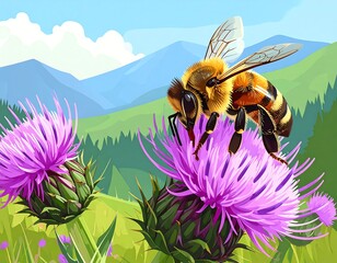 Illustrated bee on a thistle in a mountain meadow