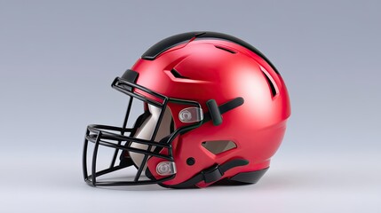 Fototapeta premium Glossy Red Football Helmet on Gray Background for Sports Equipment and Team Branding Concepts