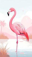 Fototapeta premium Pink flamingo in a serene landscape