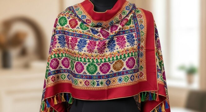 Ornate, colorful embroidered shawl draped on a mannequin, with intricate floral and geometric patterns