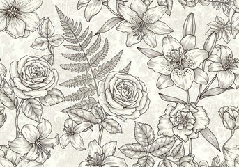 A monochromatic floral pattern with detailed line drawings of roses, lilies, and ferns on a subtle damask